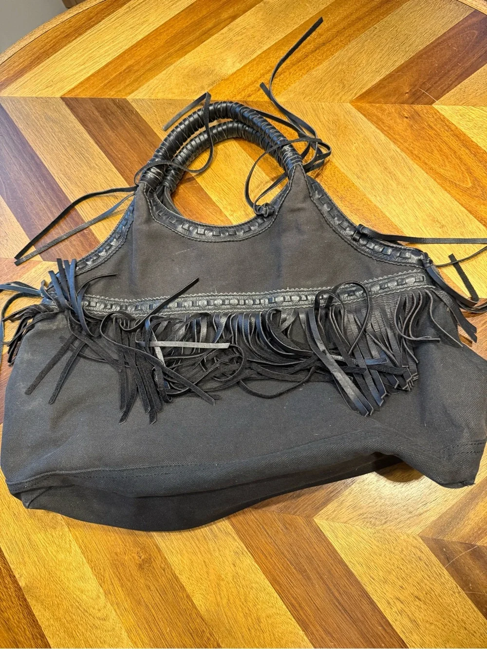 Denim & Supply Ralph Lauren Black Fringe Tote Bag with Braided Handles *desc*